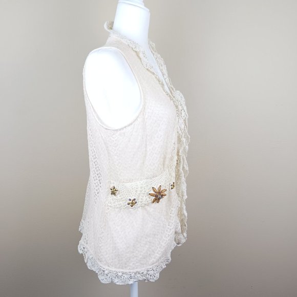 E by ECI| NWT Coastal Beachy Crochet Beaded Sheer Sleeveless Vest Cardigan Sz 14 - Picture 4 of 10
